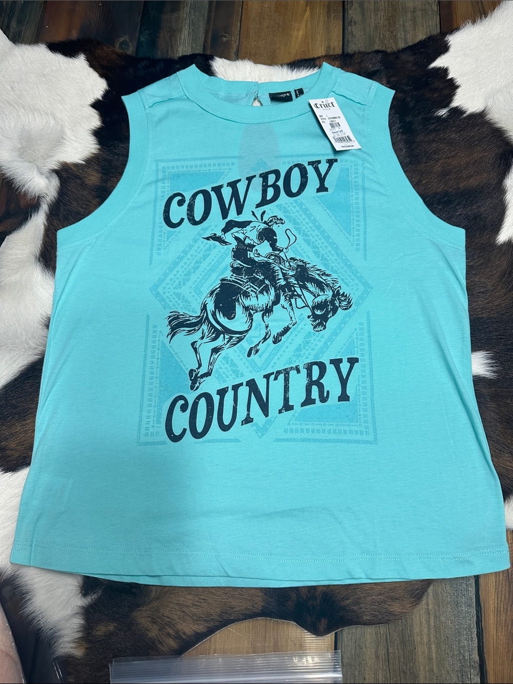 NWT cruel denim Turquoise Cowboy Country Graphic Tank Top